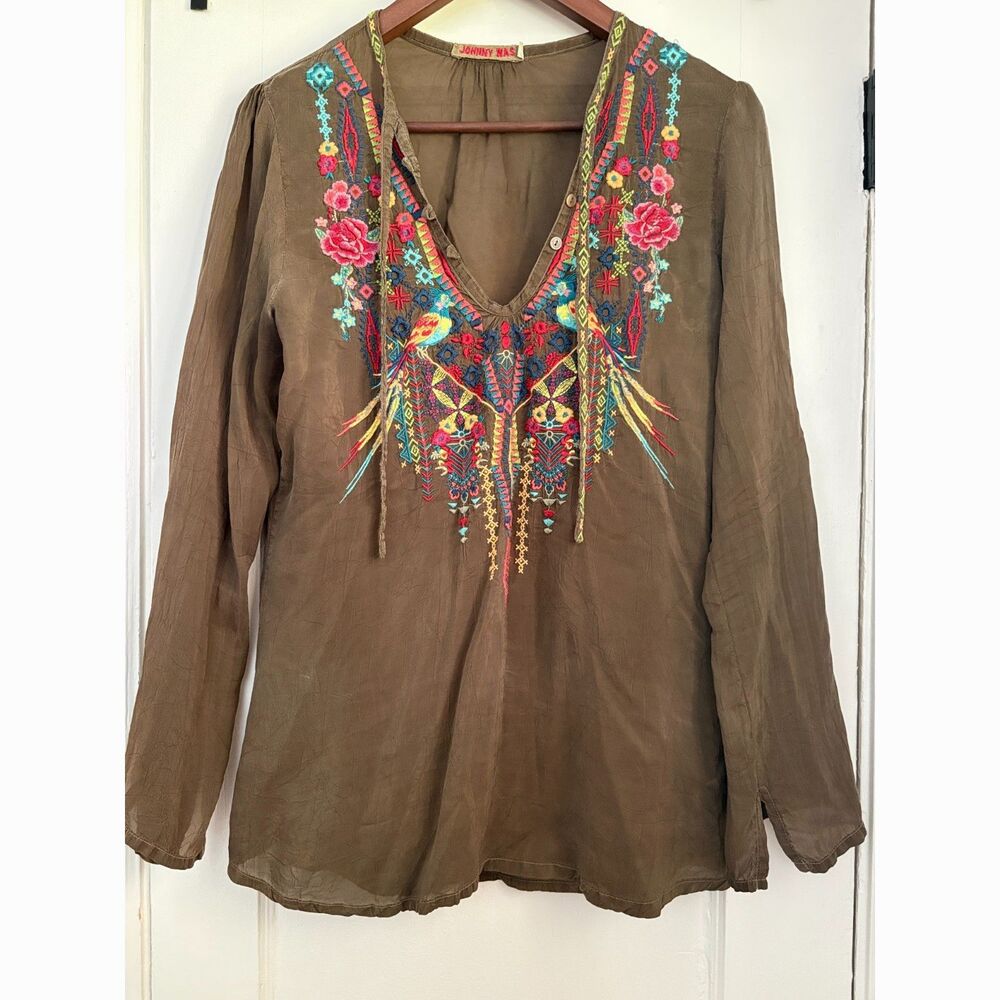 Johnny Was Serendipity Embroidered Blouse in Brown Birds Flowers Tunic Size S